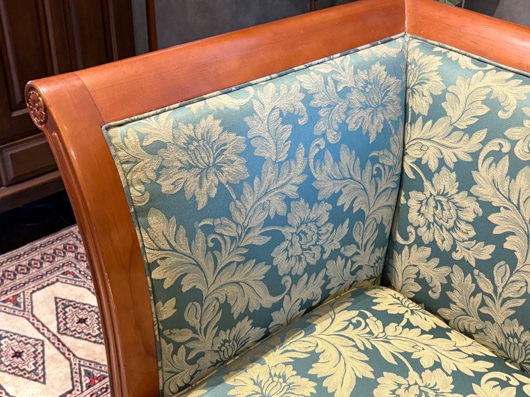 ②クラシック 3人掛けソファ 3Pソファ 花柄 グリーン ビンテージ nY