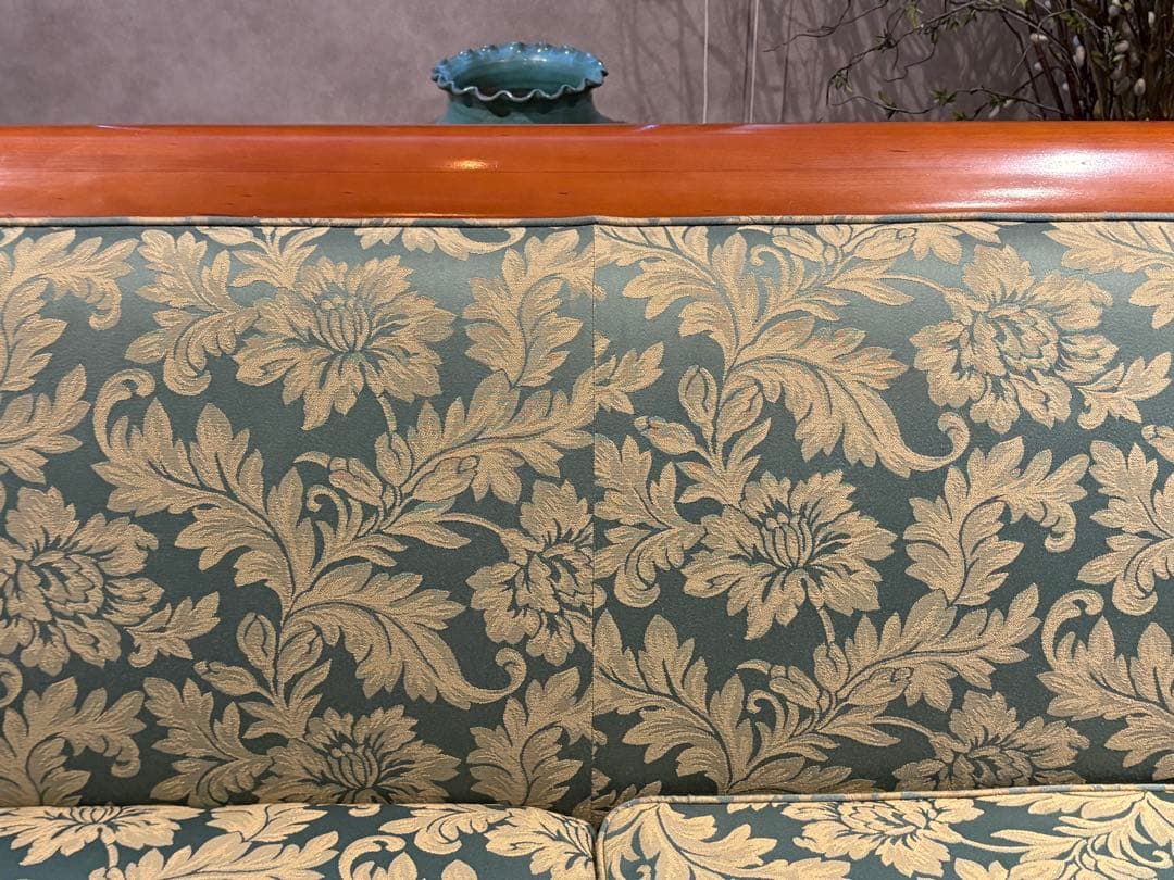 ②クラシック 3人掛けソファ 3Pソファ 花柄 グリーン ビンテージ nY