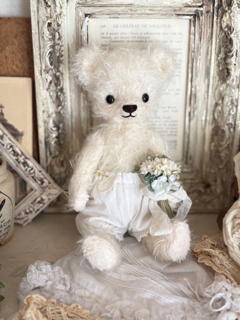 モヘアのテディベア ちびくまcocolilou ホワイトベア