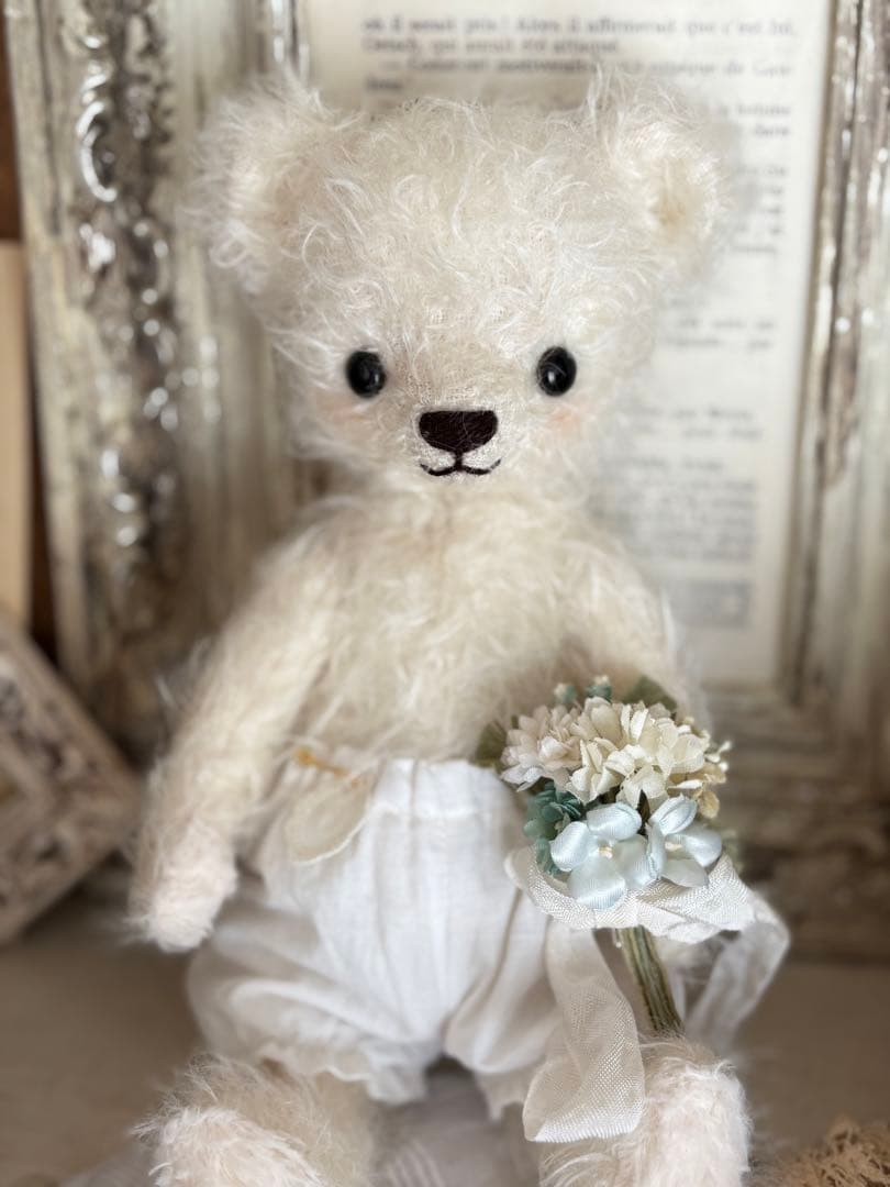 モヘアのテディベア ちびくまcocolilou ホワイトベア