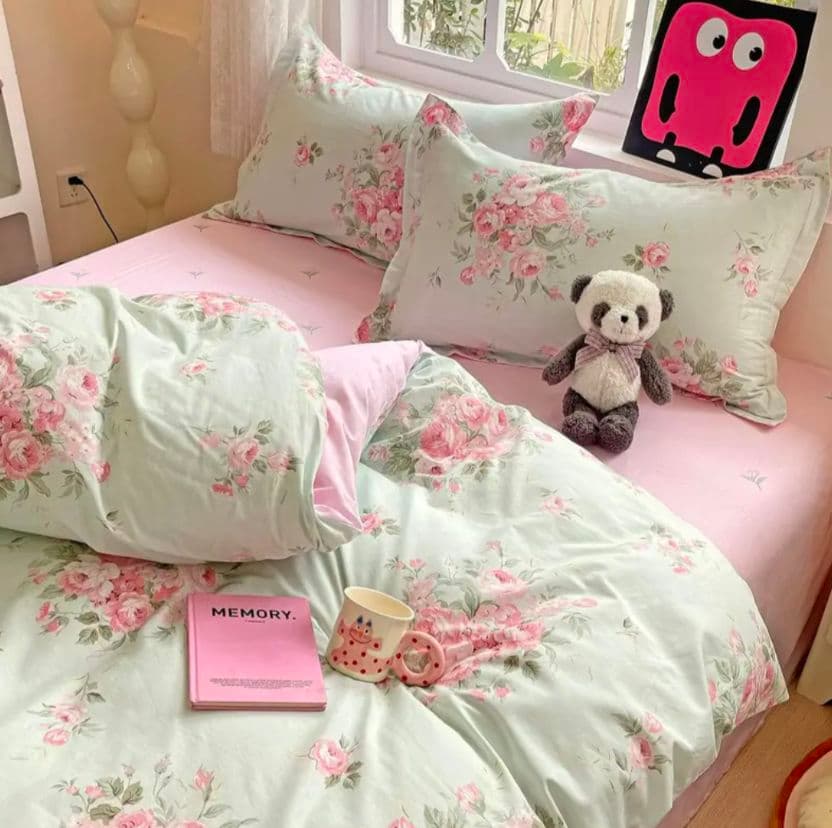 蕾新品★ミント＆ピンク薔薇小花綿100%シングル掛け布団カバー1枚枕カバー2枚