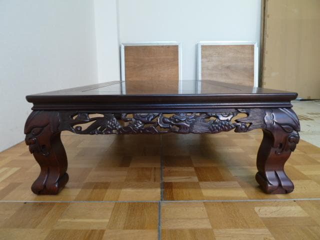 透かし彫り 座卓 張智雲 W1515×D916×H358mm 龍彫刻 机 座敷