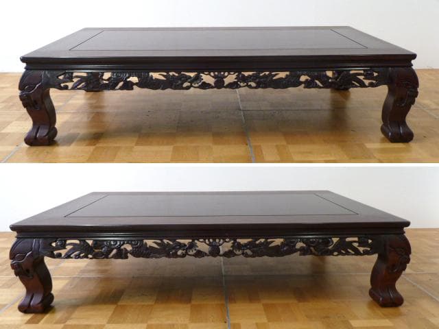 透かし彫り 座卓 張智雲 W1515×D916×H358mm 龍彫刻 机 座敷