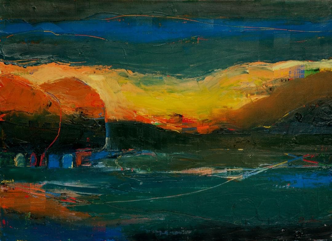 油絵 菅家令子 絵 絵画インテリア額付(銀) F4-072212 風景 夕陽朝陽