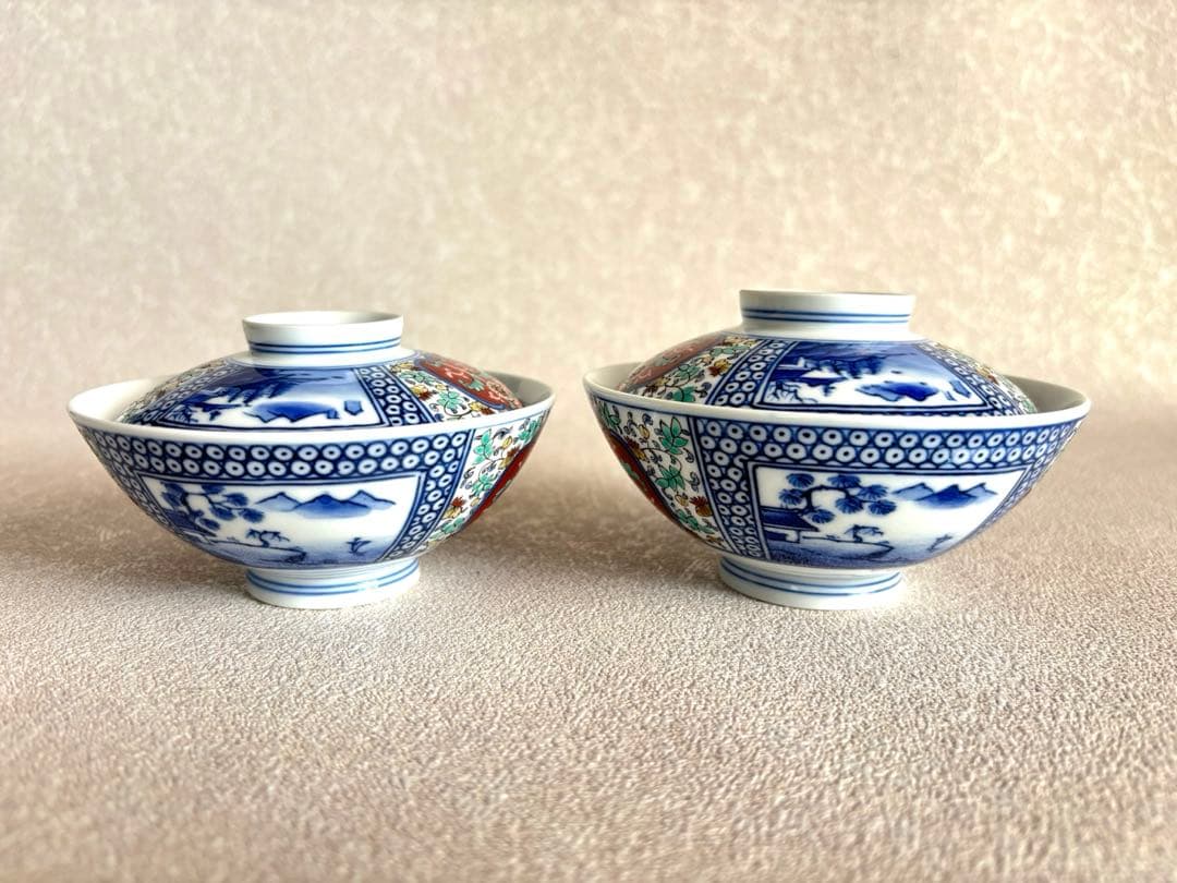 人間国宝 十三代 酒井田柿右衛門 錦菊鳳凰紋 蓋付茶碗 飯碗 2客 共箱 有田焼