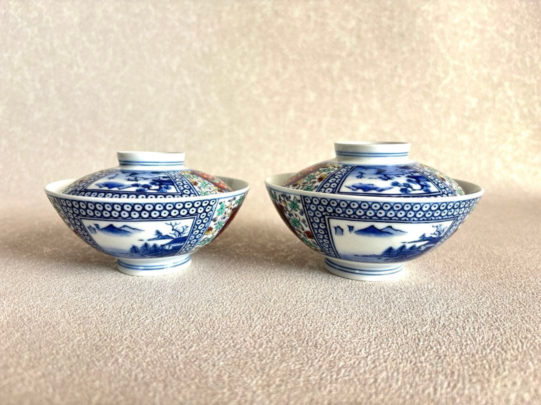 人間国宝 十三代 酒井田柿右衛門 錦菊鳳凰紋 蓋付茶碗 飯碗 2客 共箱 有田焼