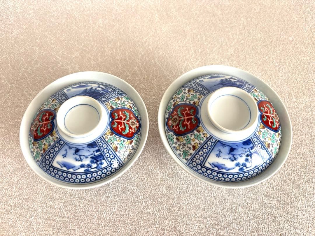 人間国宝 十三代 酒井田柿右衛門 錦菊鳳凰紋 蓋付茶碗 飯碗 2客 共箱 有田焼