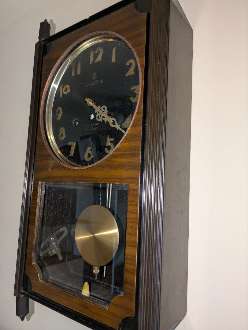 木製ブラウン掛時計 柱時計　60days アイチの時計