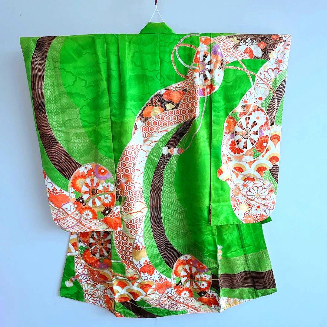 セット　七五三　7歳女の子　長着＆袋帯＆長襦袢＆小物　緑　源氏車金糸青海波　地紋