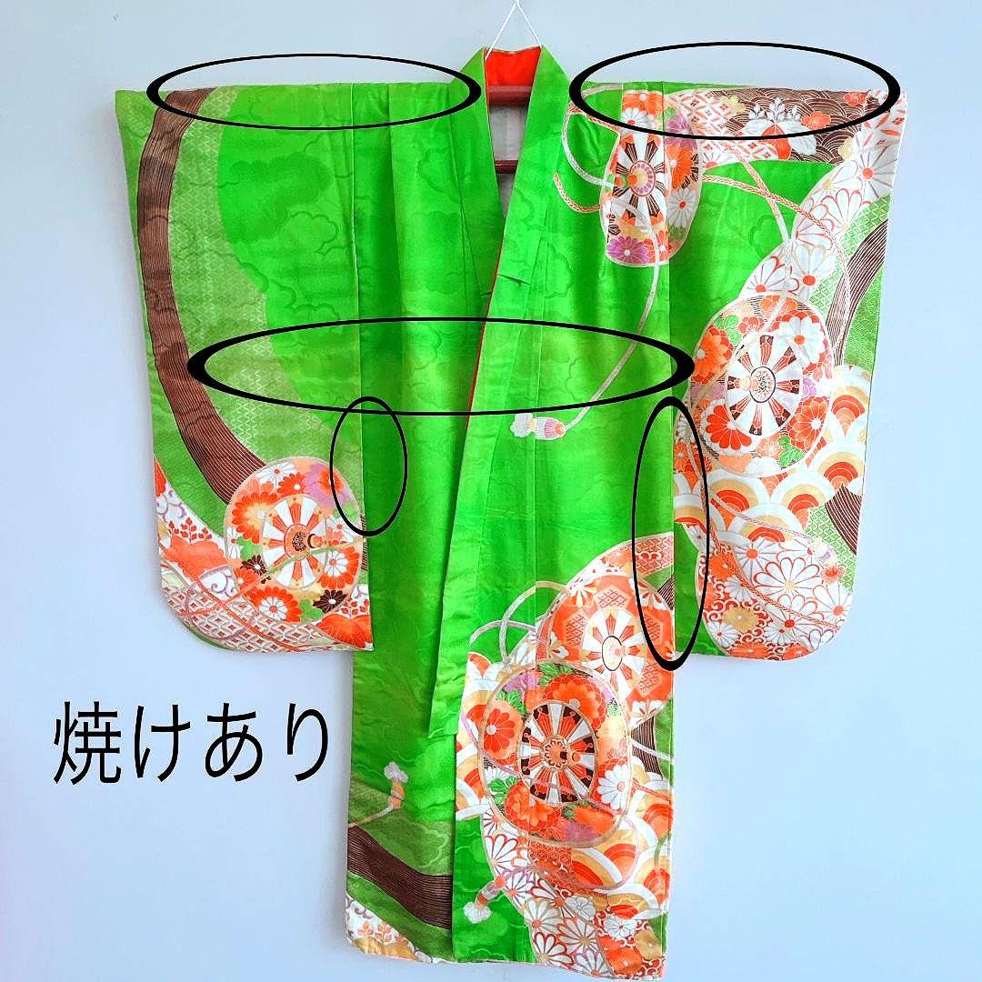 セット　七五三　7歳女の子　長着＆袋帯＆長襦袢＆小物　緑　源氏車金糸青海波　地紋