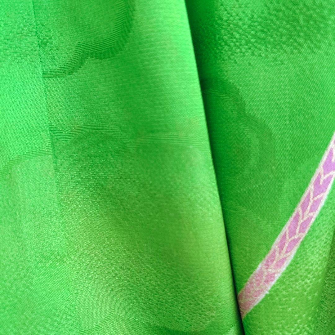 セット　七五三　7歳女の子　長着＆袋帯＆長襦袢＆小物　緑　源氏車金糸青海波　地紋