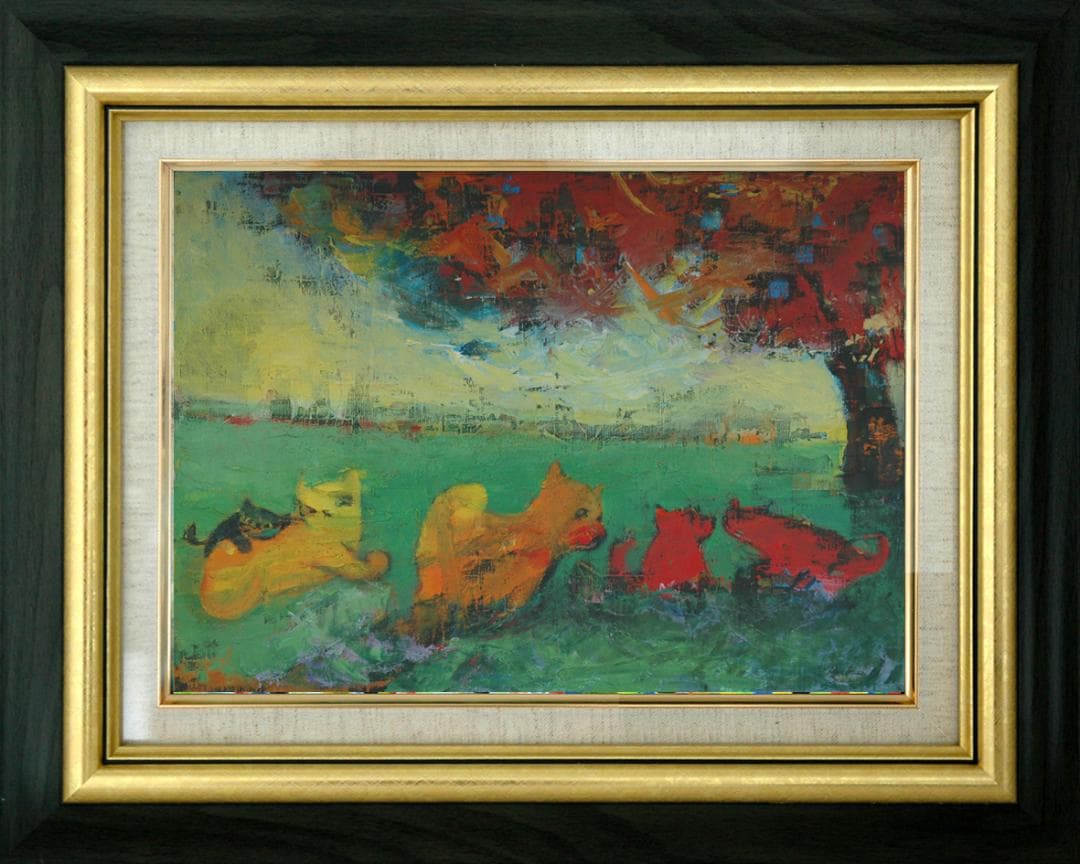 油絵 絵 絵画 インテリア uF6-071219 猫たちと犬たち - メルカリ