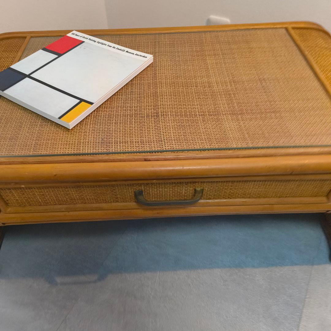 ヴィンテージ　ラタン座卓 ガラス天板 引き出し　書斎　レトロ　籐　韓国