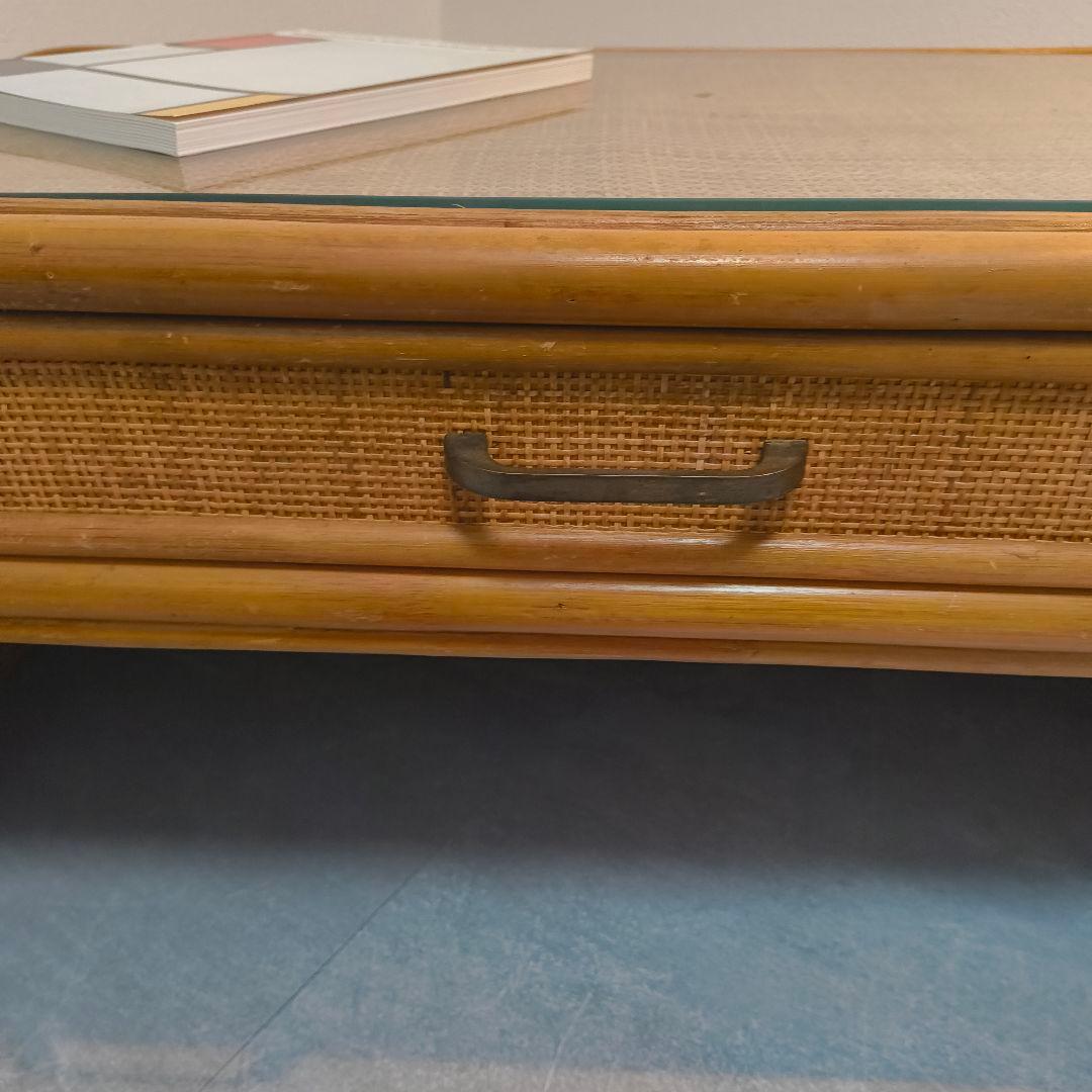 ヴィンテージ　ラタン座卓 ガラス天板 引き出し　書斎　レトロ　籐　韓国