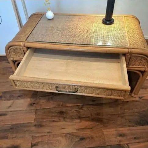 ヴィンテージ　ラタン座卓 ガラス天板 引き出し　書斎　レトロ　籐　韓国