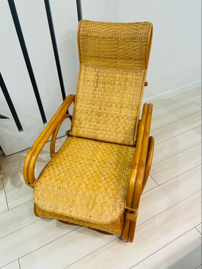 昭和レトロ ラタンリクライニングチェア オットマン付き 籐家具 1人掛けソファー