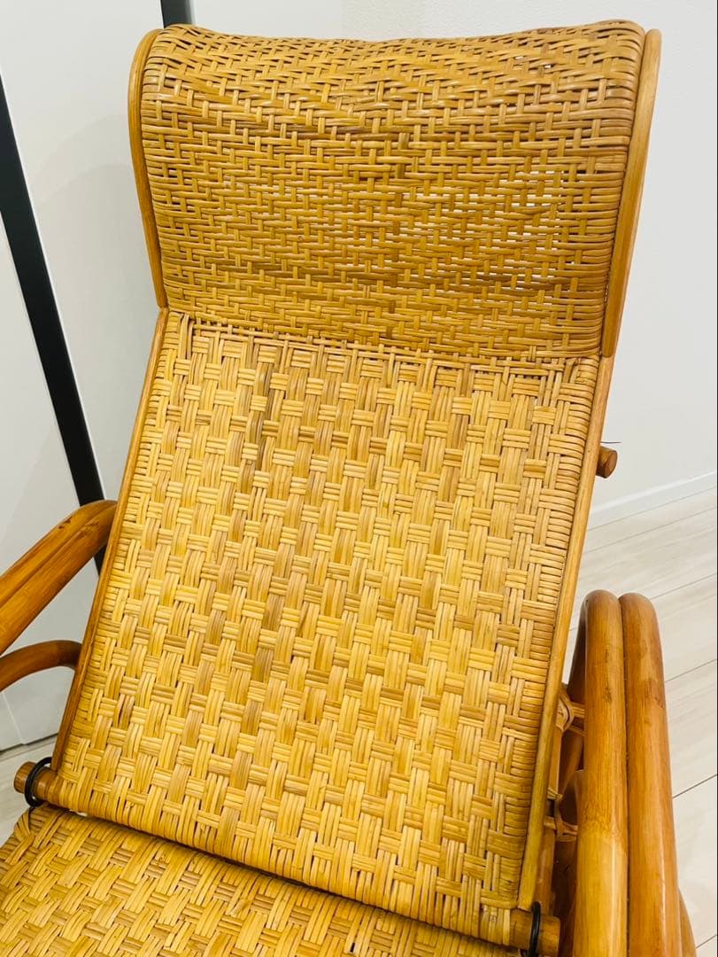 昭和レトロ ラタンリクライニングチェア オットマン付き 籐家具 1人掛けソファー