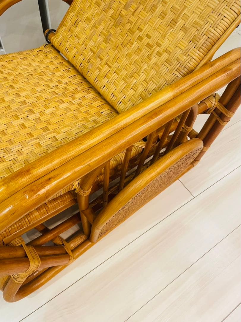 昭和レトロ ラタンリクライニングチェア オットマン付き 籐家具 1人掛けソファー