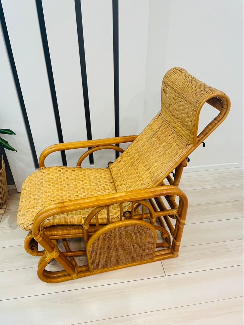 昭和レトロ ラタンリクライニングチェア オットマン付き 籐家具 1人掛けソファー