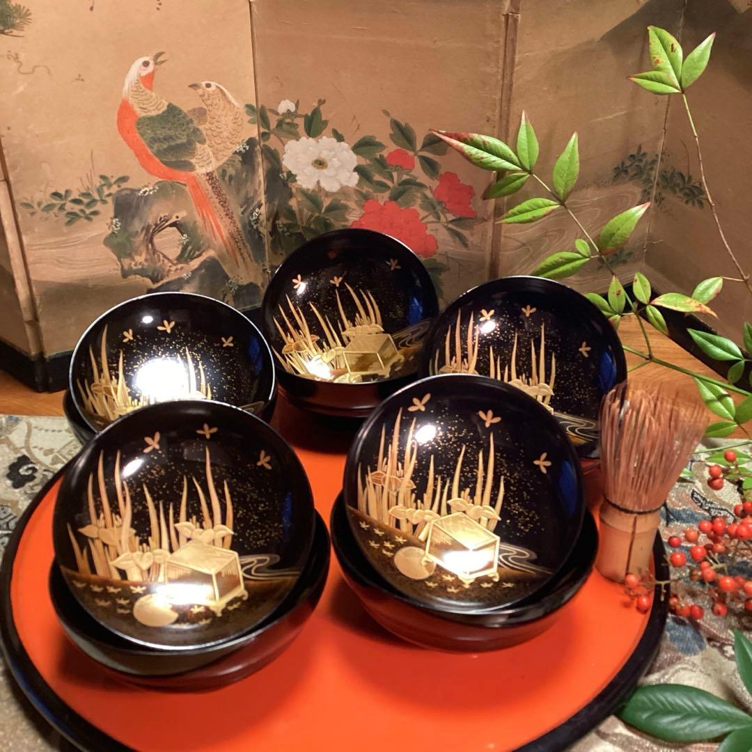 A1035 木製輪島塗 懐石道具 衝羽根に流水菖蒲 蒔絵 5客の通販