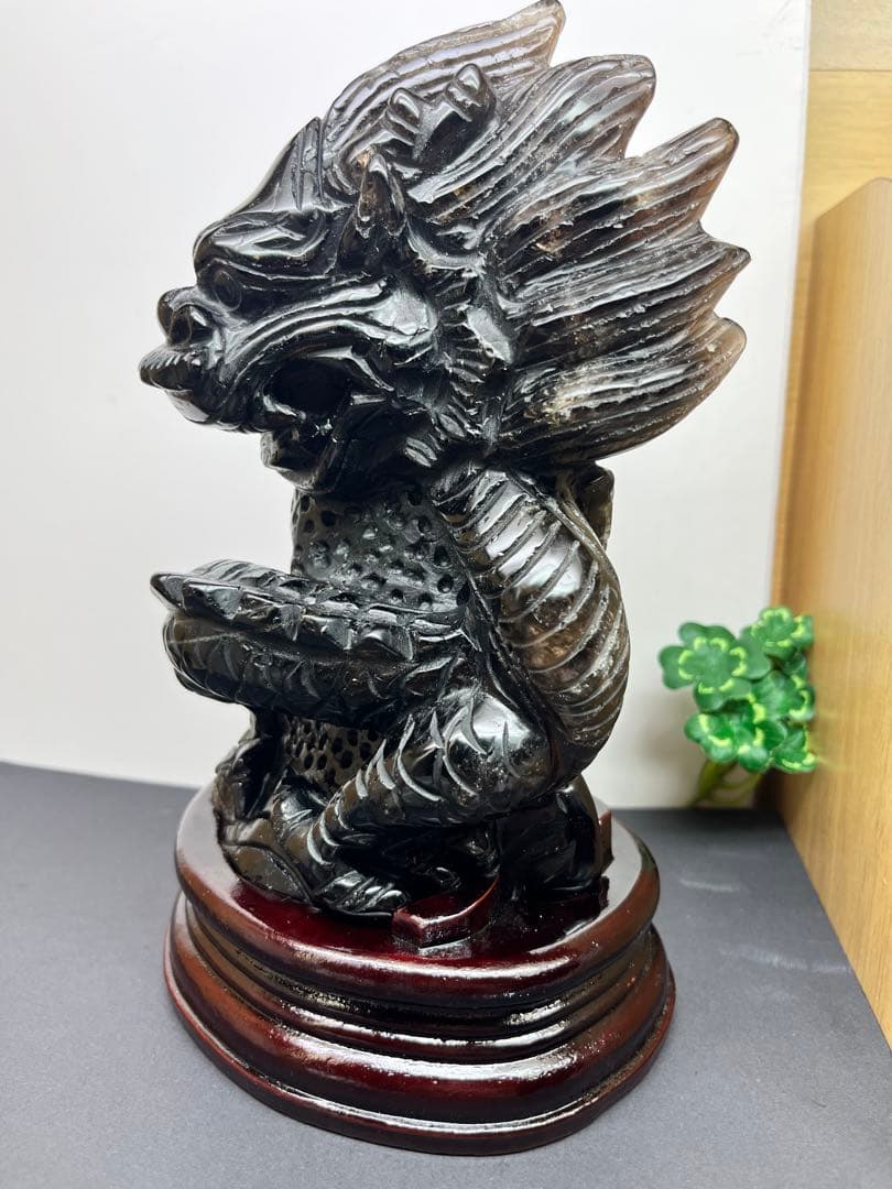 天然石　モリオン　龍神様　カービング　最強ペア　台座付き　約1566g⭐️2096