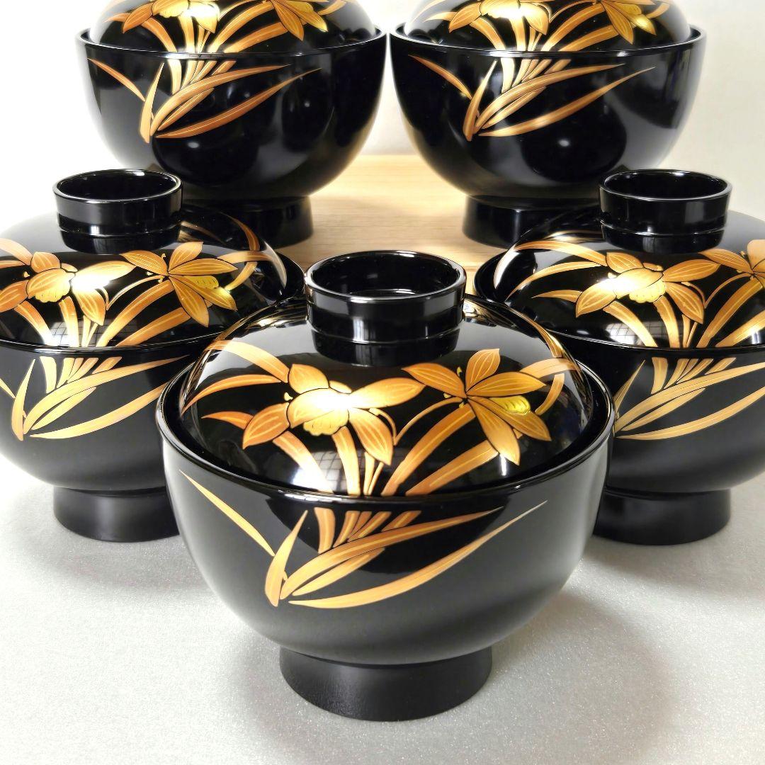 会津塗 漆器 金彩 蒔絵 蘭文様 蓋付きお吸物椀 5客 雑煮椀 汁椀 吸椀