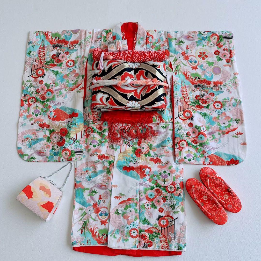 フルセット　七五三　7歳女の子　昭和レトロ　花御所車　金プリント　黒丸帯7070