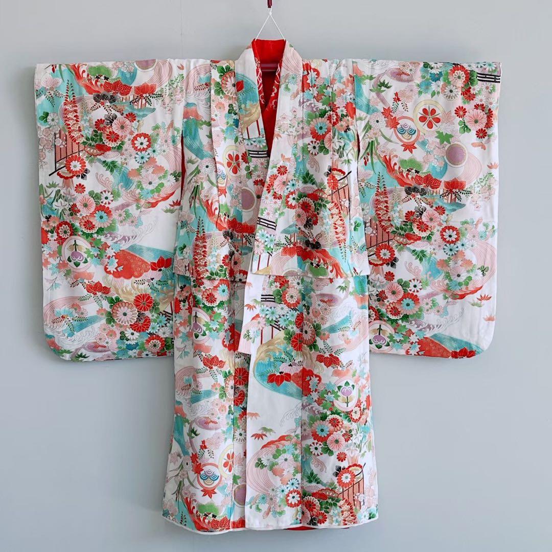 フルセット　七五三　7歳女の子　昭和レトロ　花御所車　金プリント　黒丸帯7070