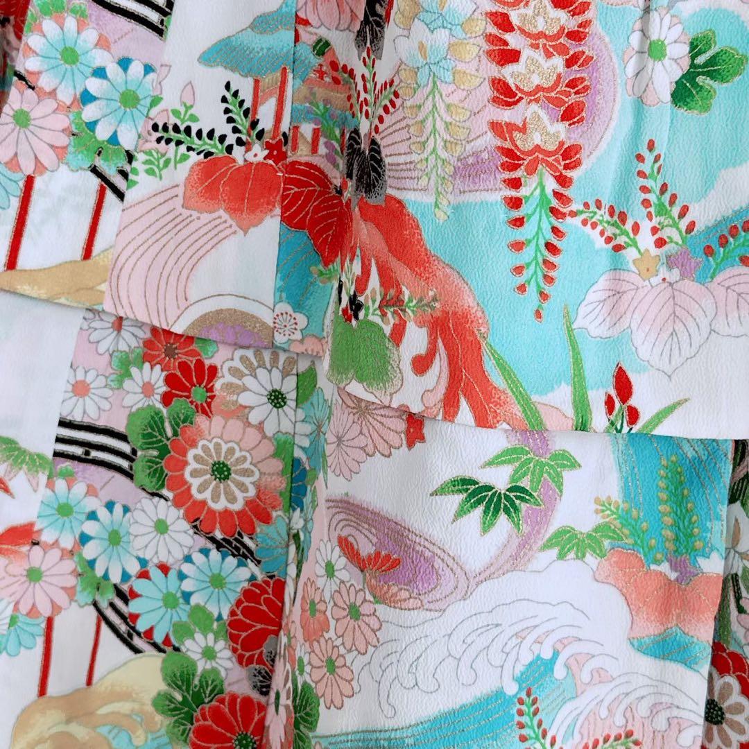 フルセット　七五三　7歳女の子　昭和レトロ　花御所車　金プリント　黒丸帯7070