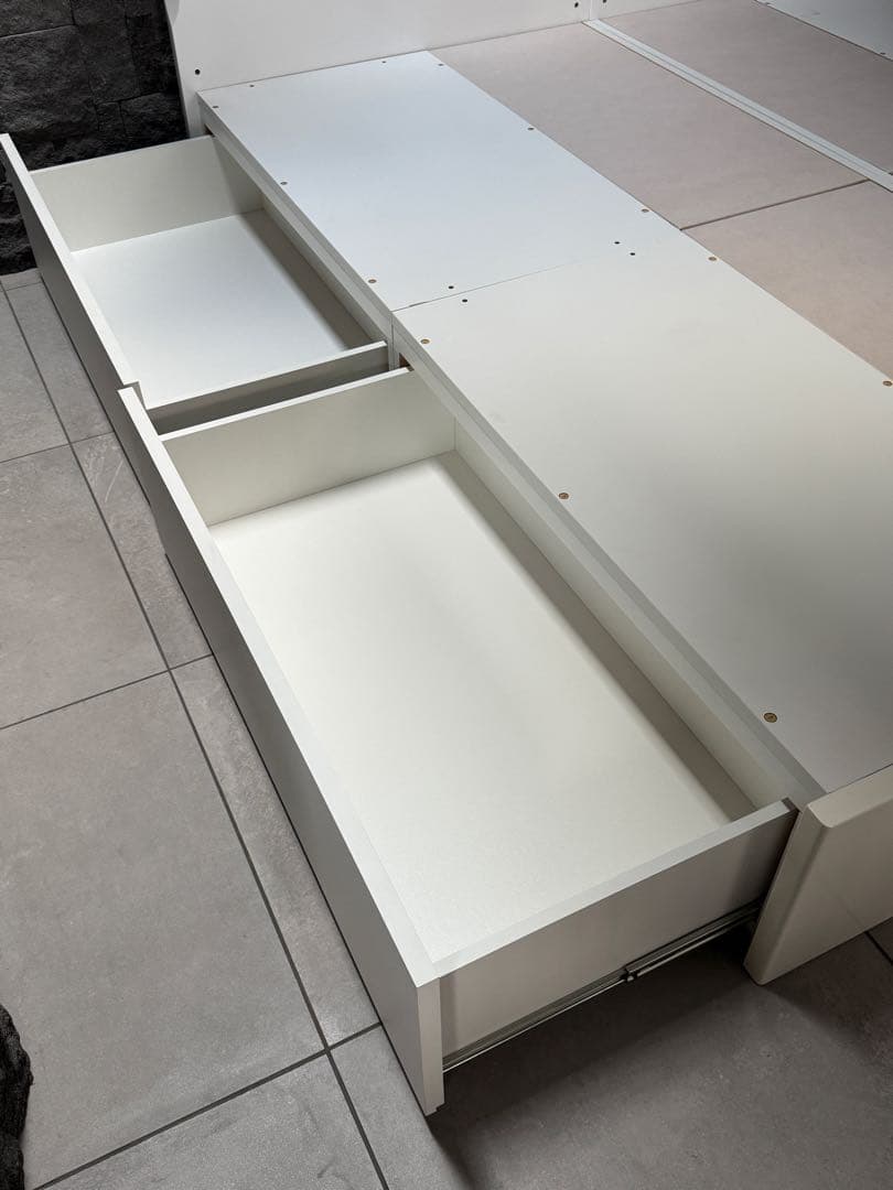 ②ニトリ深型引出し付きシングルベッドフレーム|ホワイト|おまけマットレス