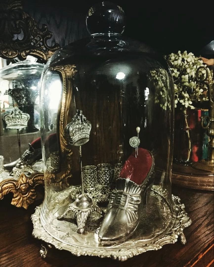 ＊訳あり イギリス アンティーク☆ガラスドームH25cmシルバープレート台座付き