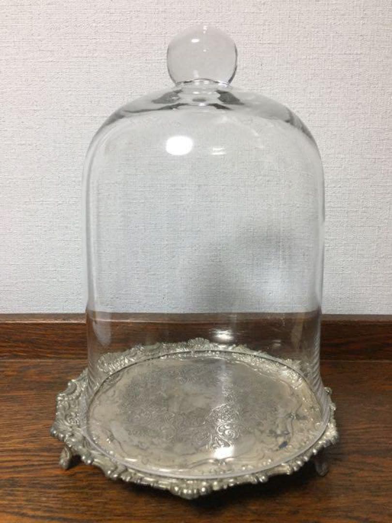 ＊訳あり イギリス アンティーク☆ガラスドームH25cmシルバープレート台座付き