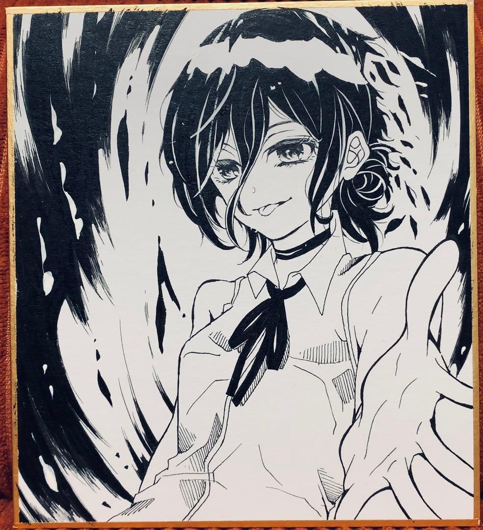 チェンソーマン レゼ ファンアート 手描き 色紙 一点物 モノクロ 白黒
