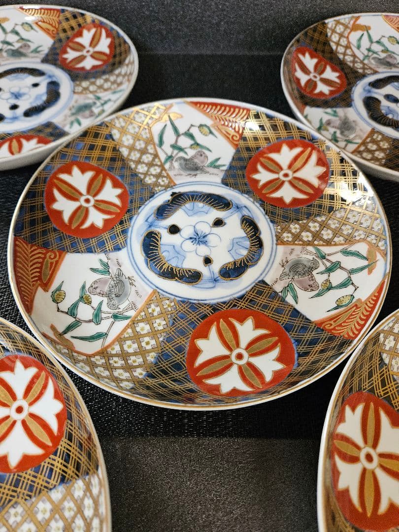 江戸末期～明治初期　古伊万里　錦手　見込みに松竹梅　粟に鶉の図　花意匠丸紋皿5客