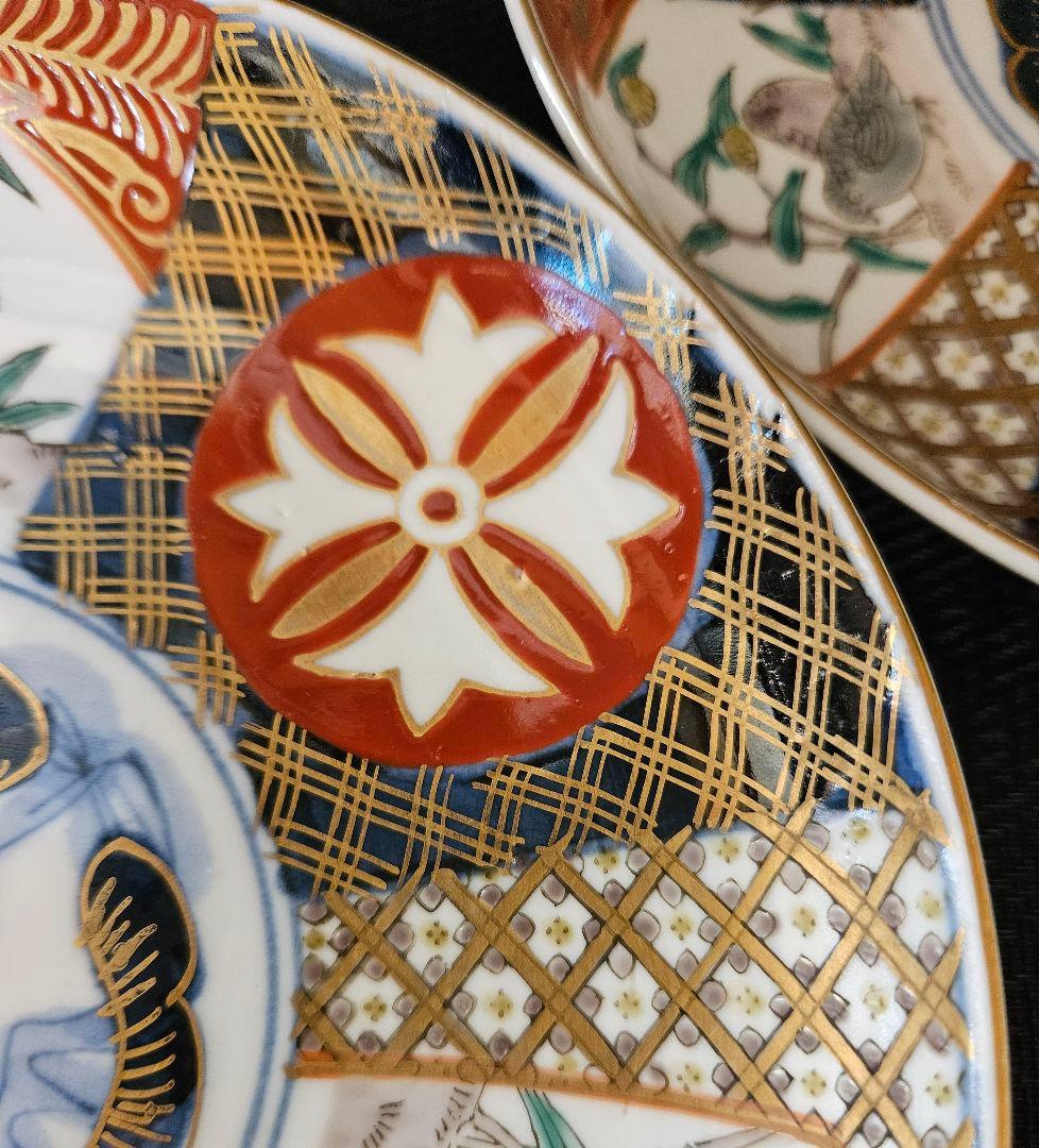 江戸末期～明治初期　古伊万里　錦手　見込みに松竹梅　粟に鶉の図　花意匠丸紋皿5客