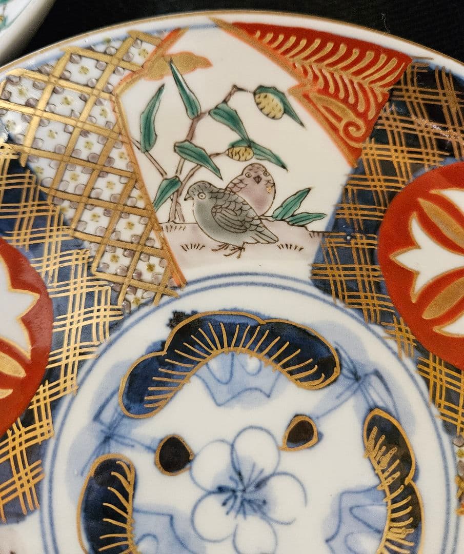 江戸末期～明治初期　古伊万里　錦手　見込みに松竹梅　粟に鶉の図　花意匠丸紋皿5客