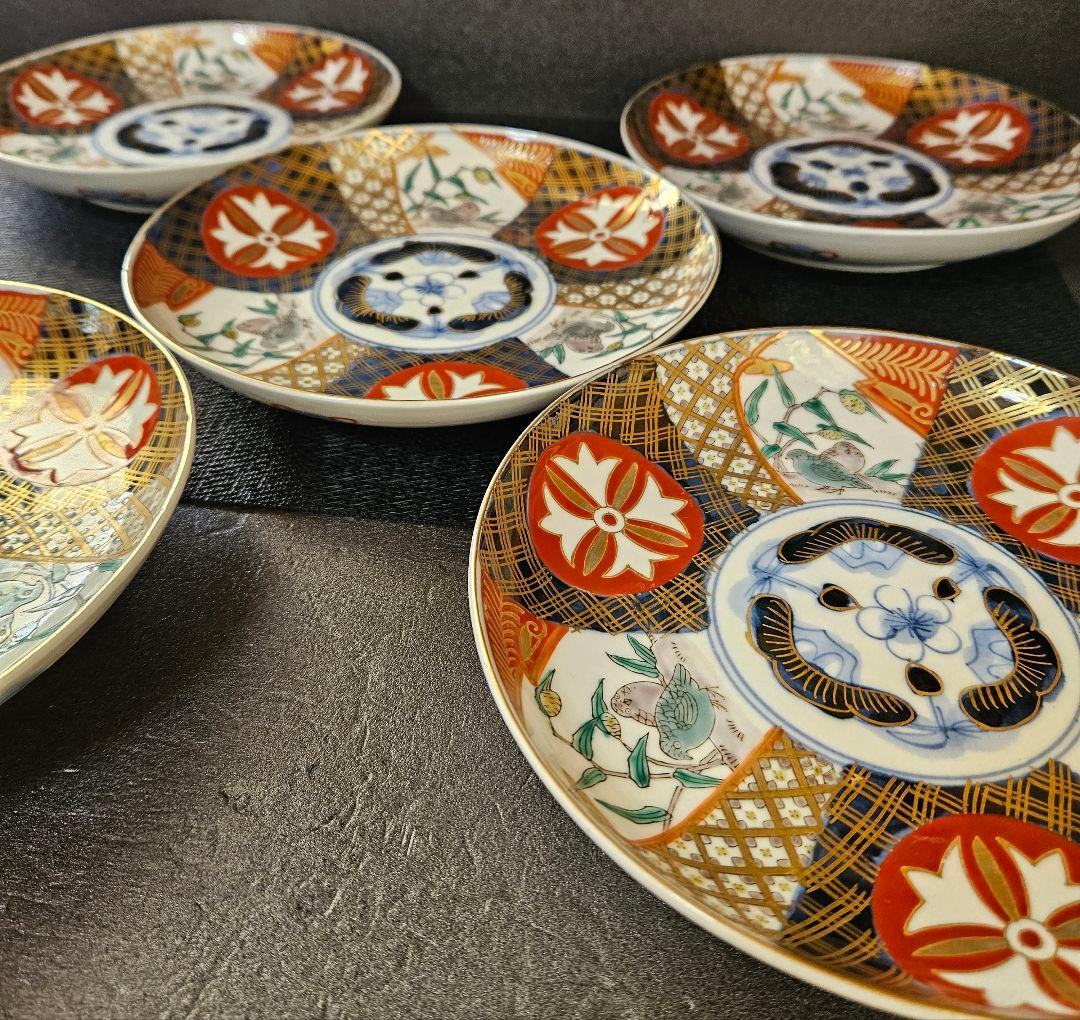 江戸末期～明治初期　古伊万里　錦手　見込みに松竹梅　粟に鶉の図　花意匠丸紋皿5客