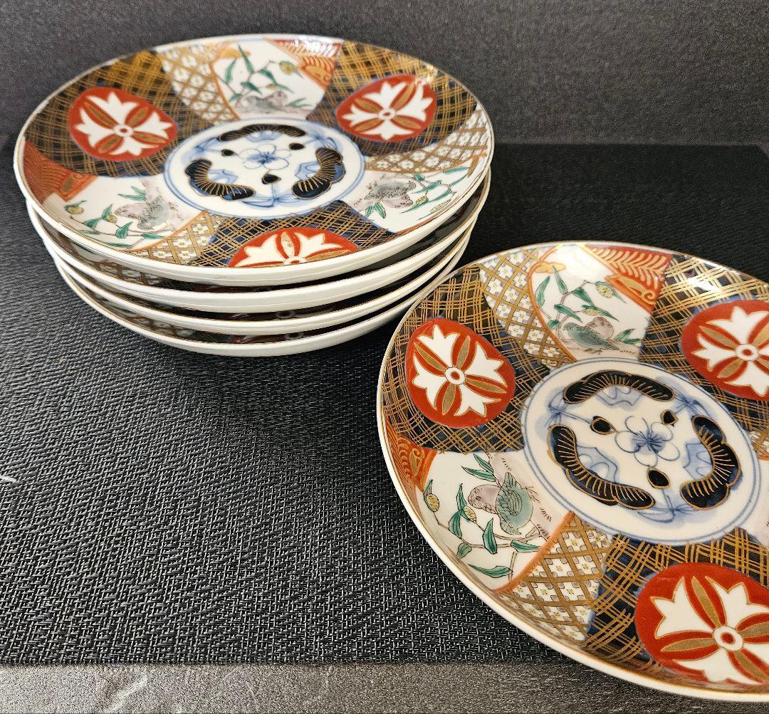 江戸末期～明治初期　古伊万里　錦手　見込みに松竹梅　粟に鶉の図　花意匠丸紋皿5客