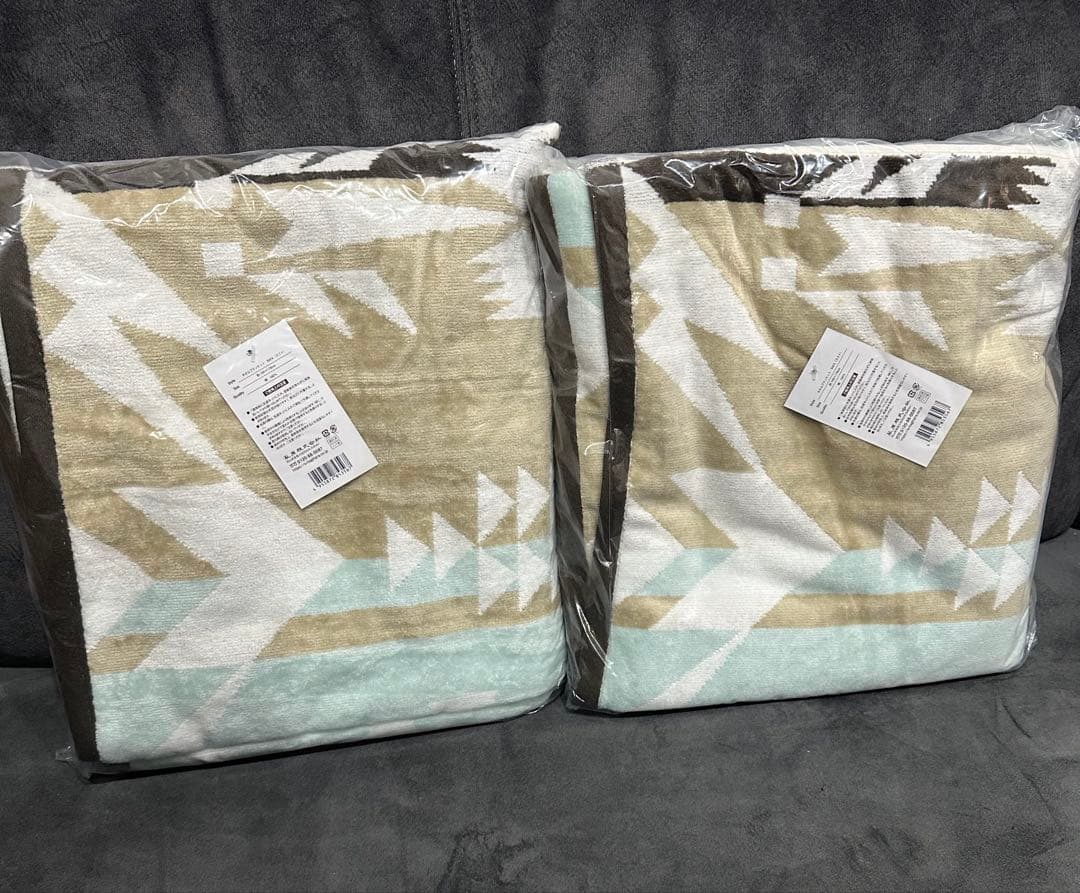 新品　2枚セット　ラファ　綿100% タオルブランケット　ネイティブ柄　ベージュ