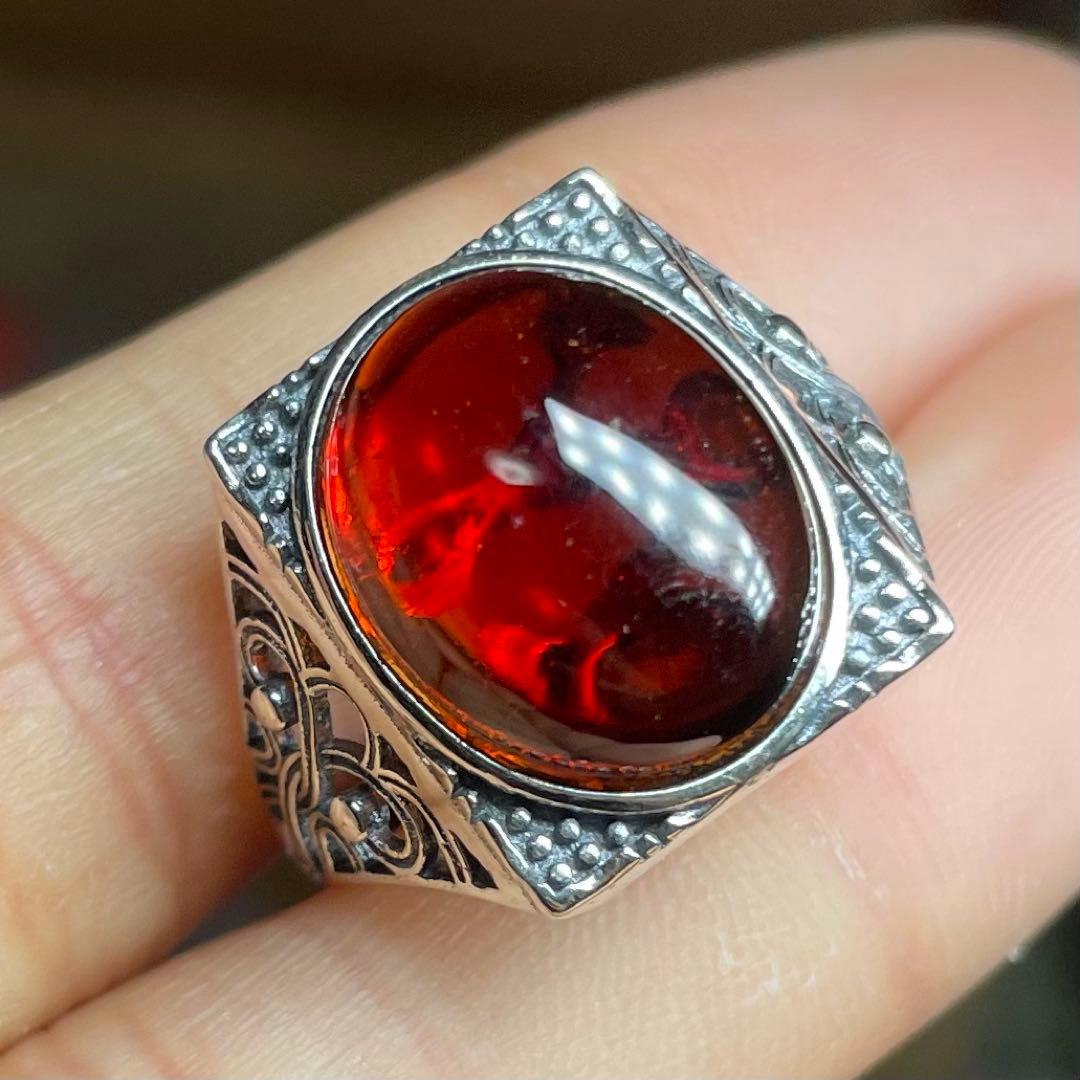 天然石リング　赤アンバー　血珀　高透明　赤　SV925刻印