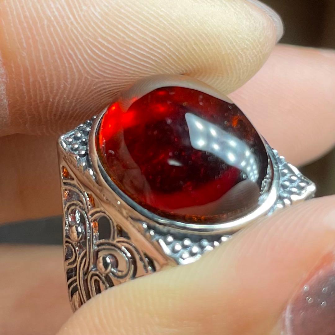 天然石リング　赤アンバー　血珀　高透明　赤　SV925刻印