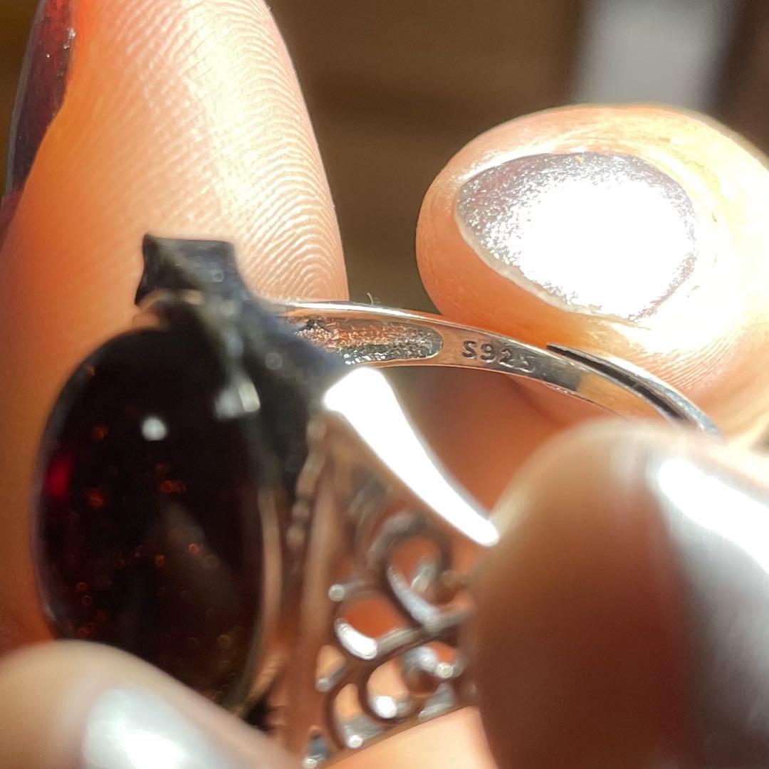 天然石リング　赤アンバー　血珀　高透明　赤　SV925刻印