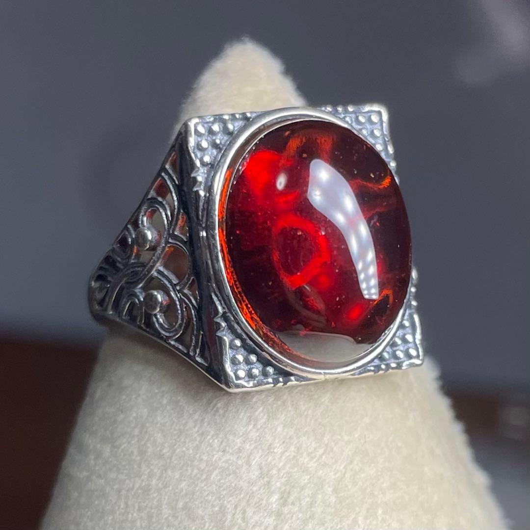 天然石リング　赤アンバー　血珀　高透明　赤　SV925刻印
