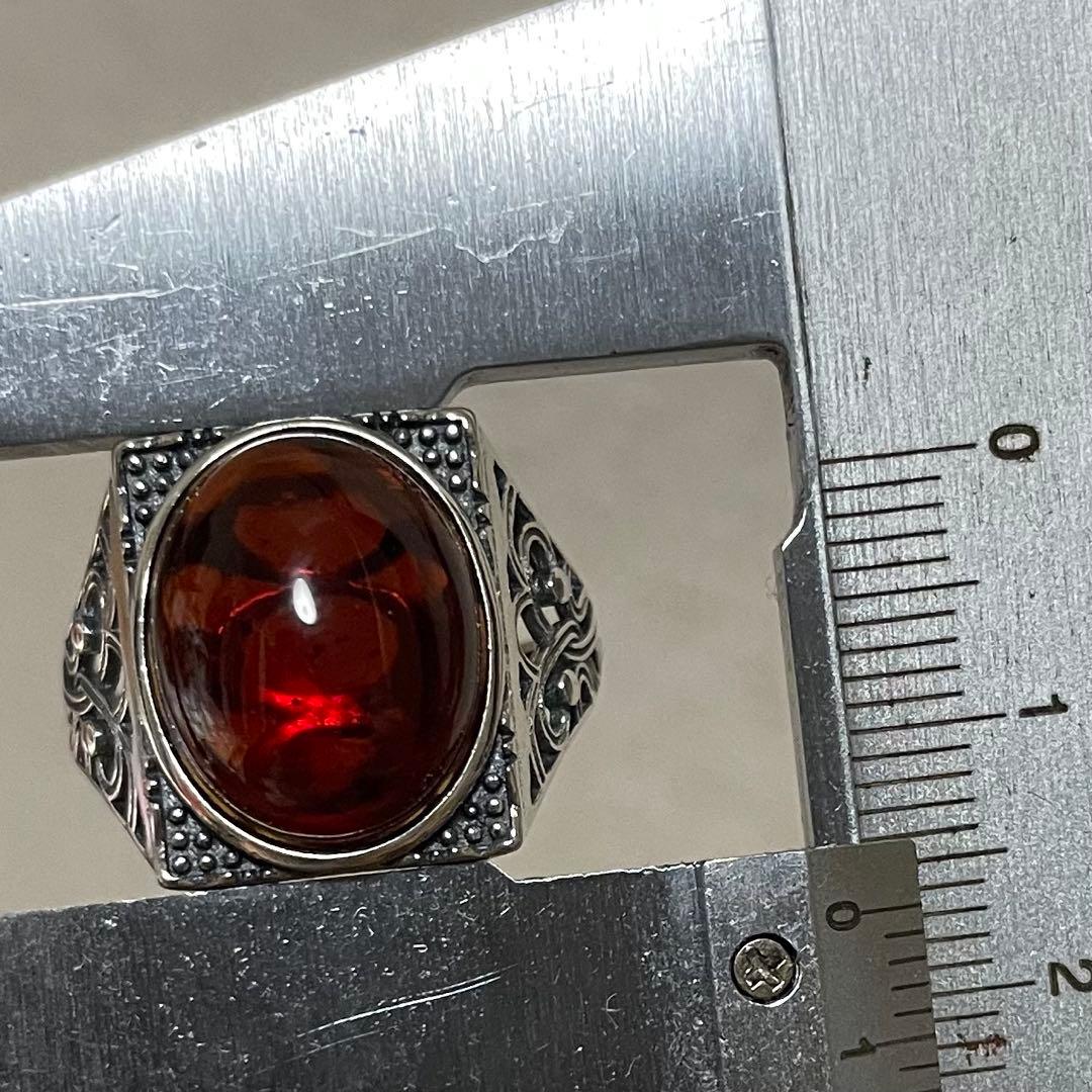 天然石リング　赤アンバー　血珀　高透明　赤　SV925刻印