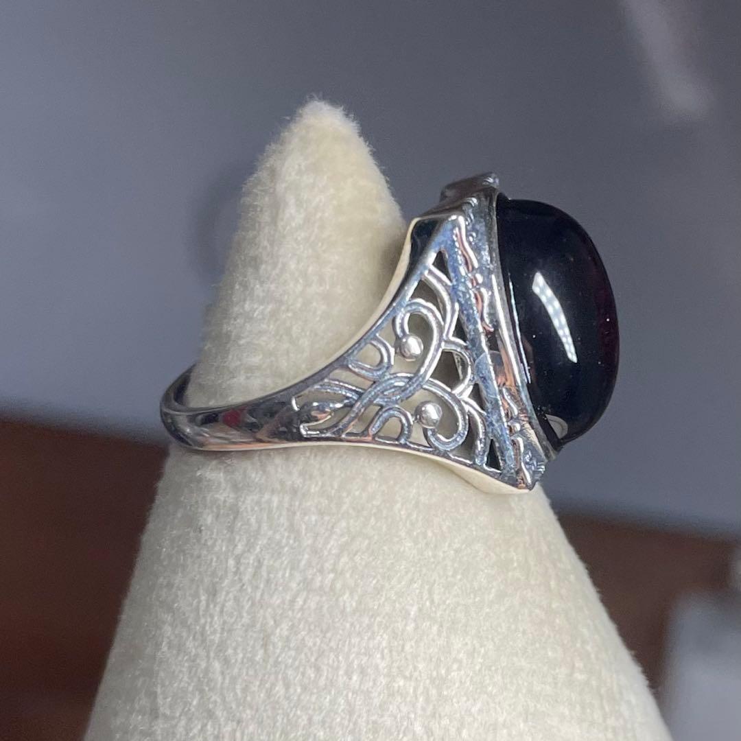 天然石リング　赤アンバー　血珀　高透明　赤　SV925刻印