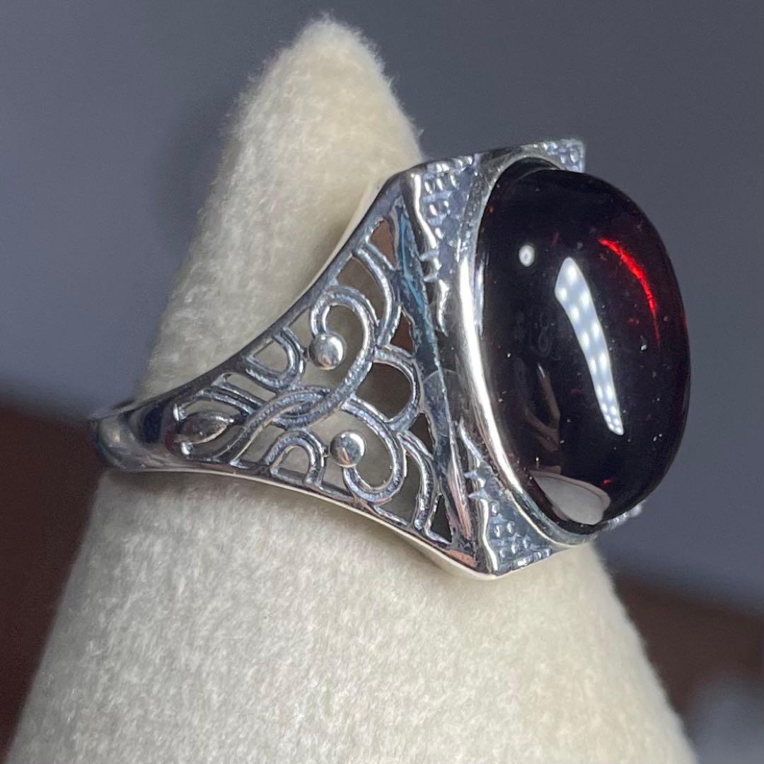 天然石リング　赤アンバー　血珀　高透明　赤　SV925刻印