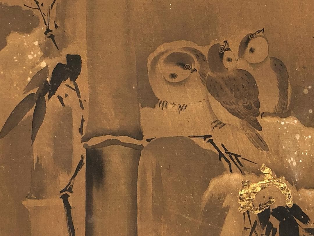 荒雹齋谷文中筆「雪中竹に雀」】 肉筆扁額 蔵出品 N0805C