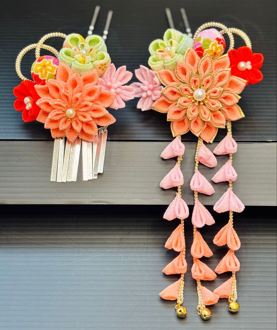 七五三髪飾りセット つまみ細工 7歳 パステルカラー はねず色×桜色 7-12