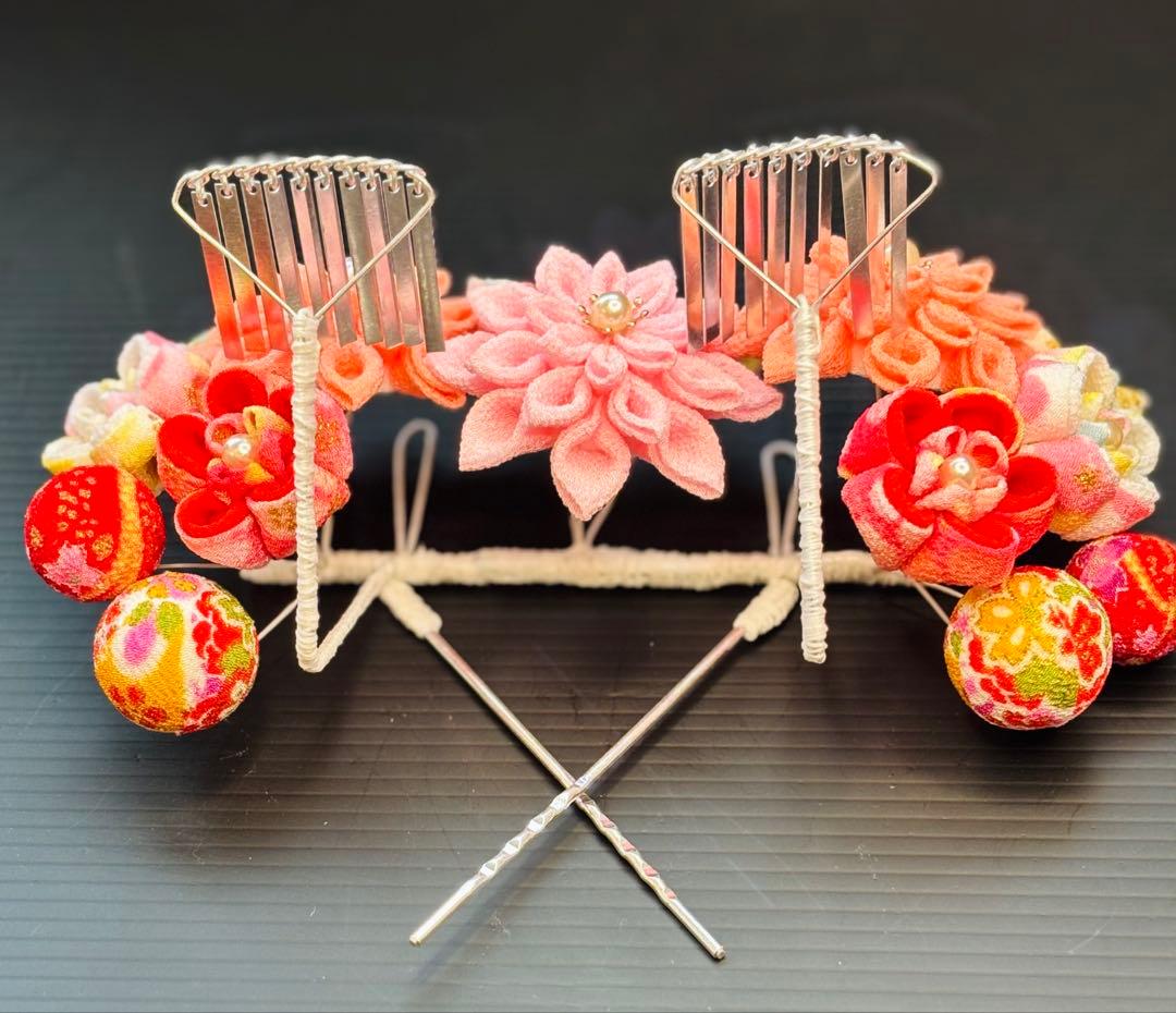 七五三髪飾りセット つまみ細工 7歳 パステルカラー はねず色×桜色 7-12