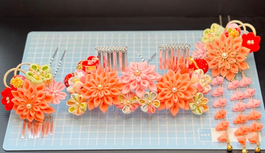 七五三髪飾りセット つまみ細工 7歳 パステルカラー はねず色×桜色 7-12